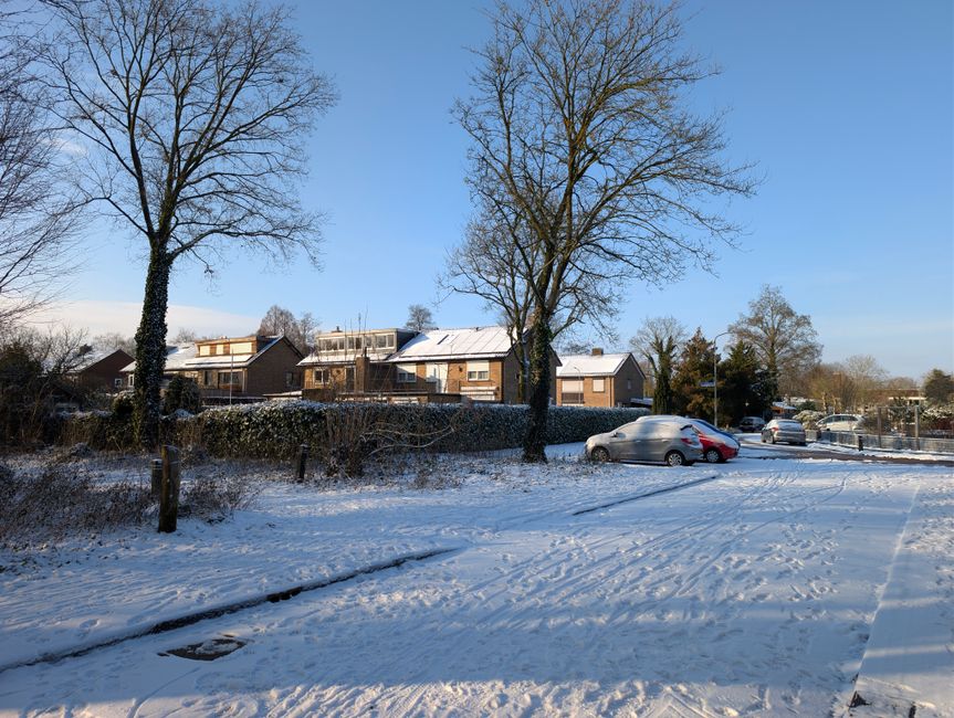 A quiet suburban street covered in snow, with houses and cars under a clear blue sky.